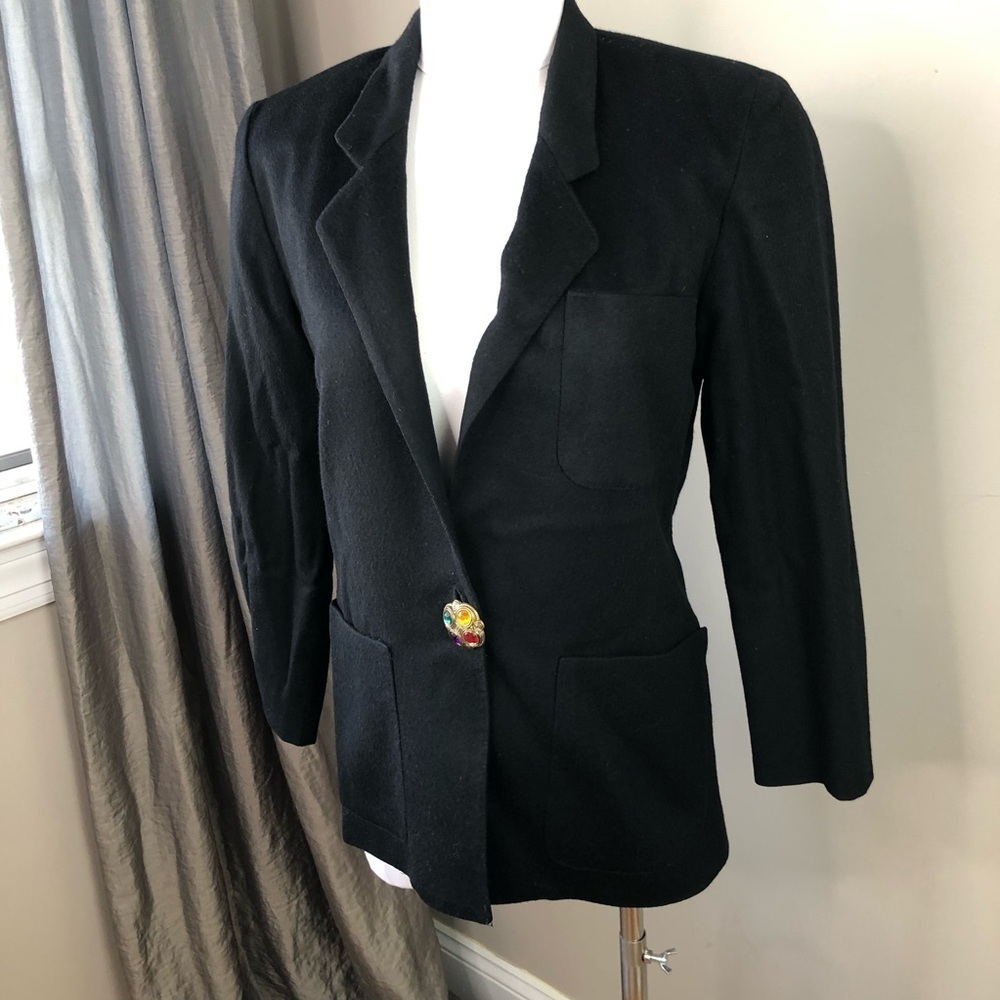 Vintage black wool multi colored crystal button blazer 2